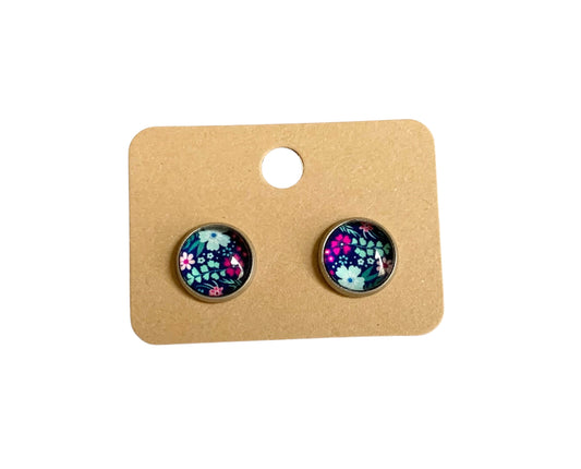 Puce d oreilles, clous d oreilles, cabochons en verre, argentées, acier inoxydable, petites fleurs