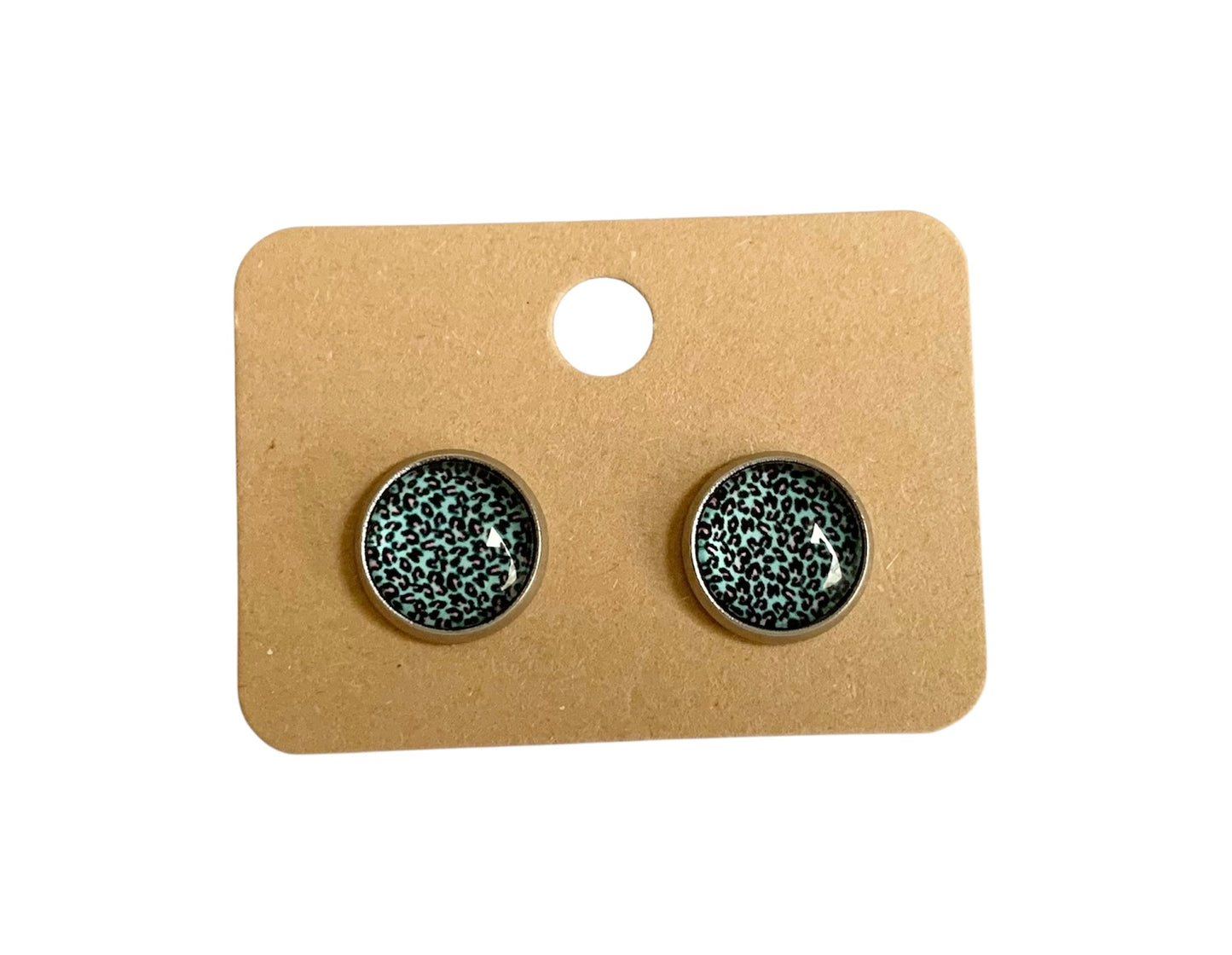Puces d oreilles, clous d oreilles, cabochons en verre, acier inoxydable, argentées, léopard