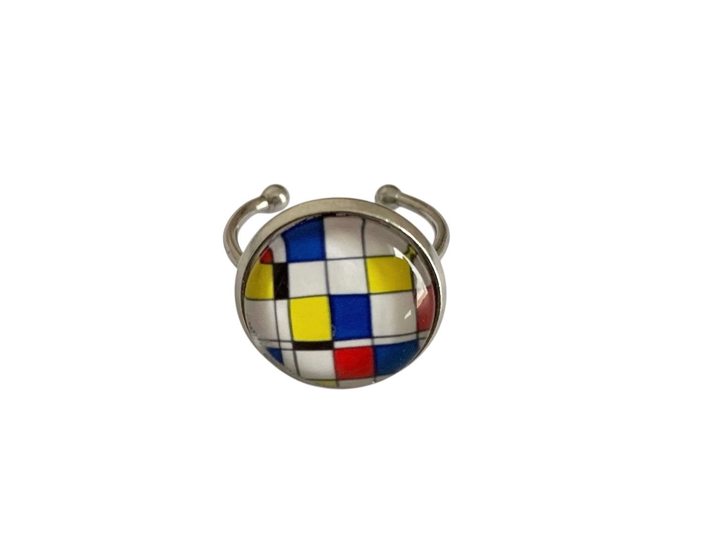 Bague cabochon fantaisie, Mondrian, argentée, ajustable, cabochon verre