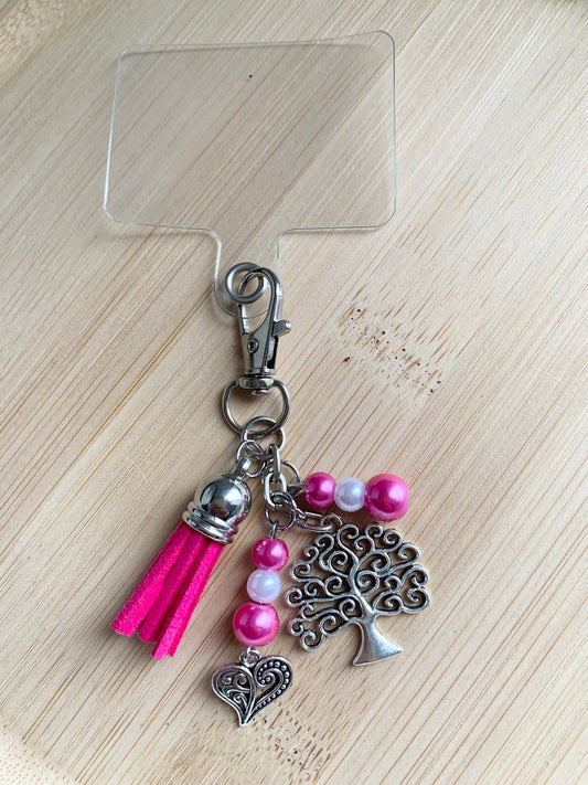 Bijou de téléphone, perles et pendentifs argentés, rose, arbre de vie