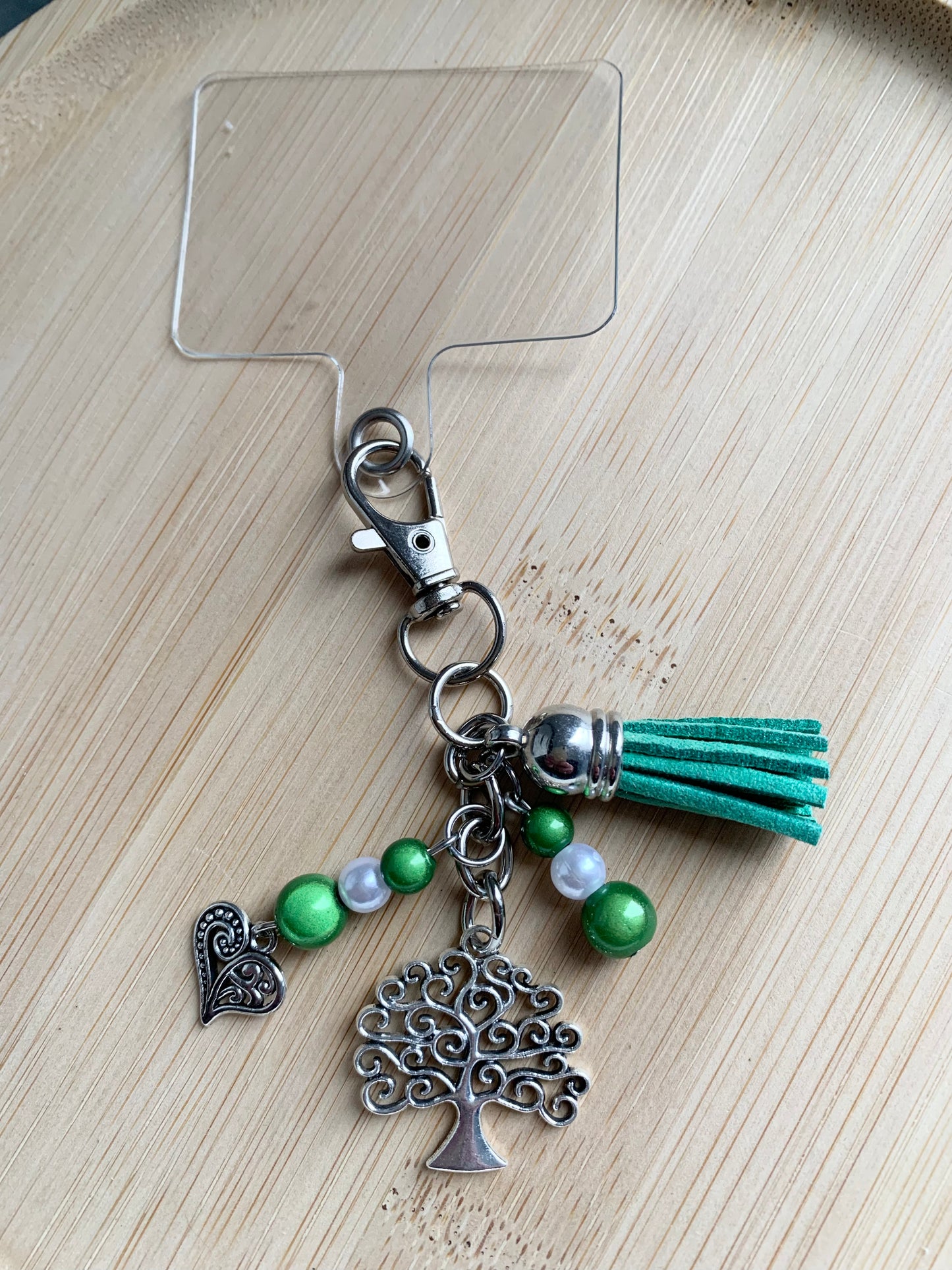 Bijou de téléphone, perles et pendentifs argentés, vert, arbre de vie