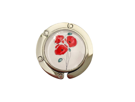 Accroche sac, décoré avec cabochon en verre, coquelicots