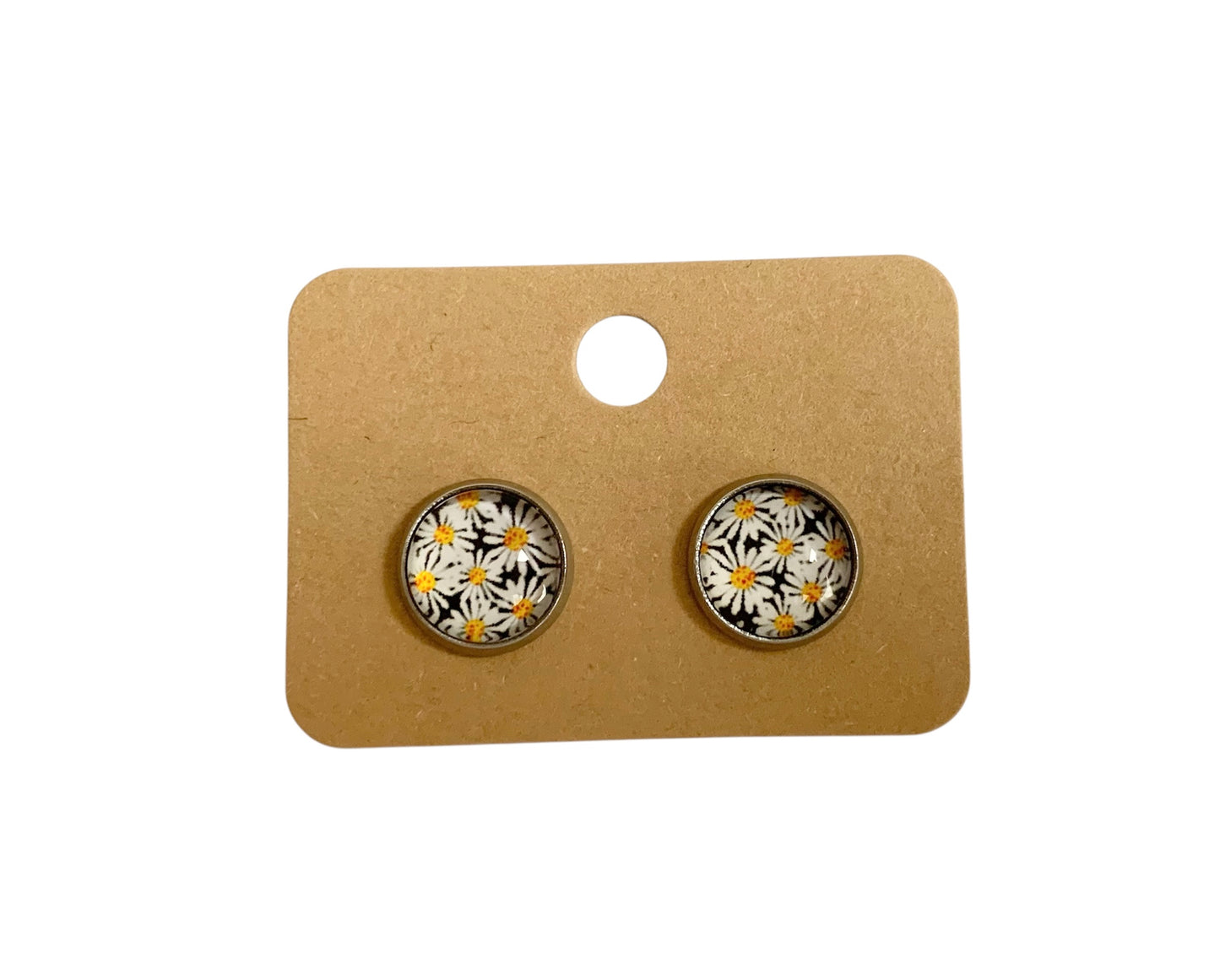 Puces d oreilles, clous d oreilles, cabochons en verre, argentées,  acier inoxydable, petites fleurs