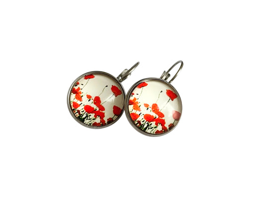 Boucles d’oreilles cabochon dormeuses, fleurs, romantique, coquelicots, esprit japonnais,