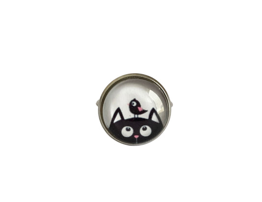 Bague cabochon fantaisie, petit chat oiseau, argentée, ajustable, cabochon verre