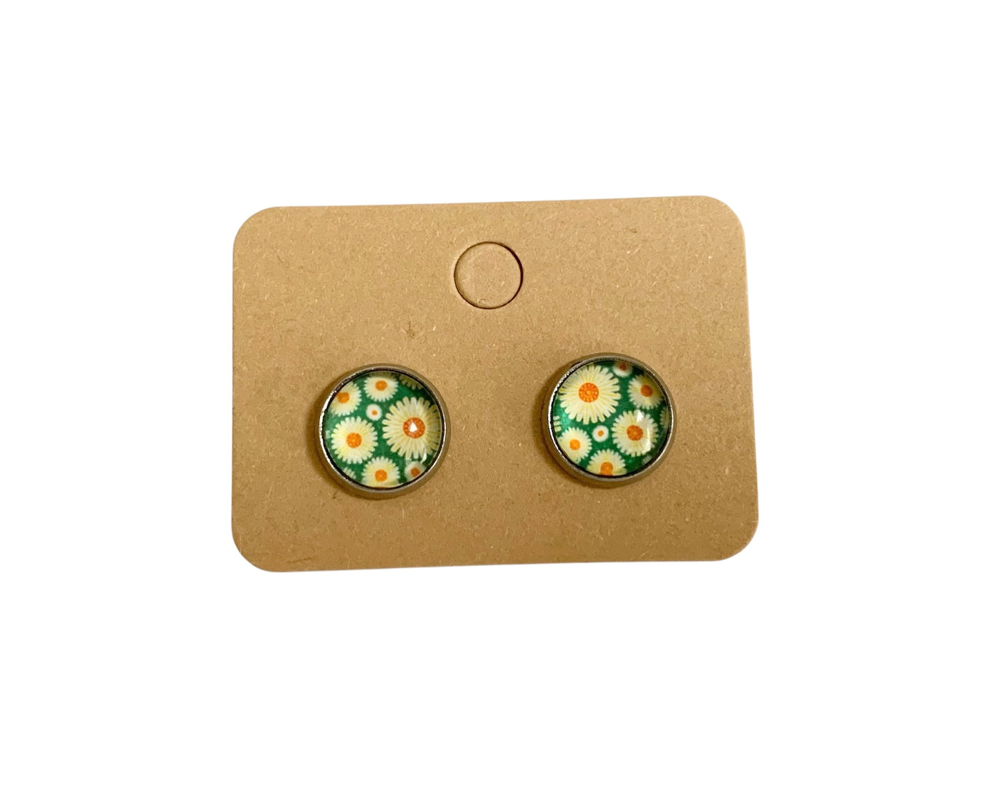 Puces d oreilles, clous d oreilles, cabochons en verre, argentées, acier inoxydable, petites fleurs