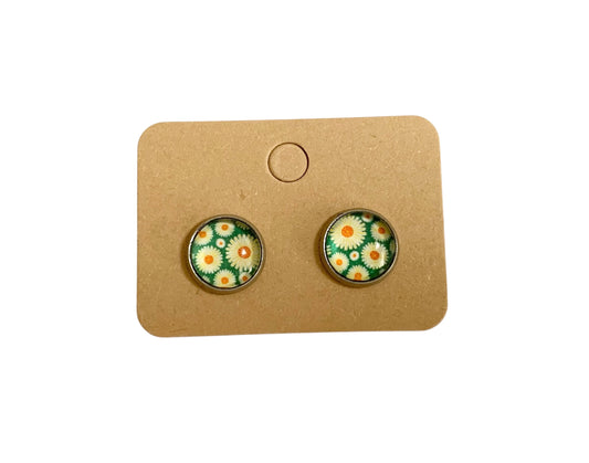 Puces d oreilles, clous d oreilles, cabochons en verre, argentées, acier inoxydable, petites fleurs