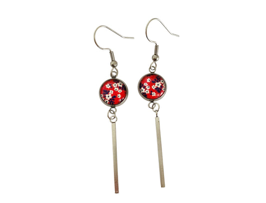 Boucles d'oreilles cabochon, pendantes, argentées, rondes, petites fleurs