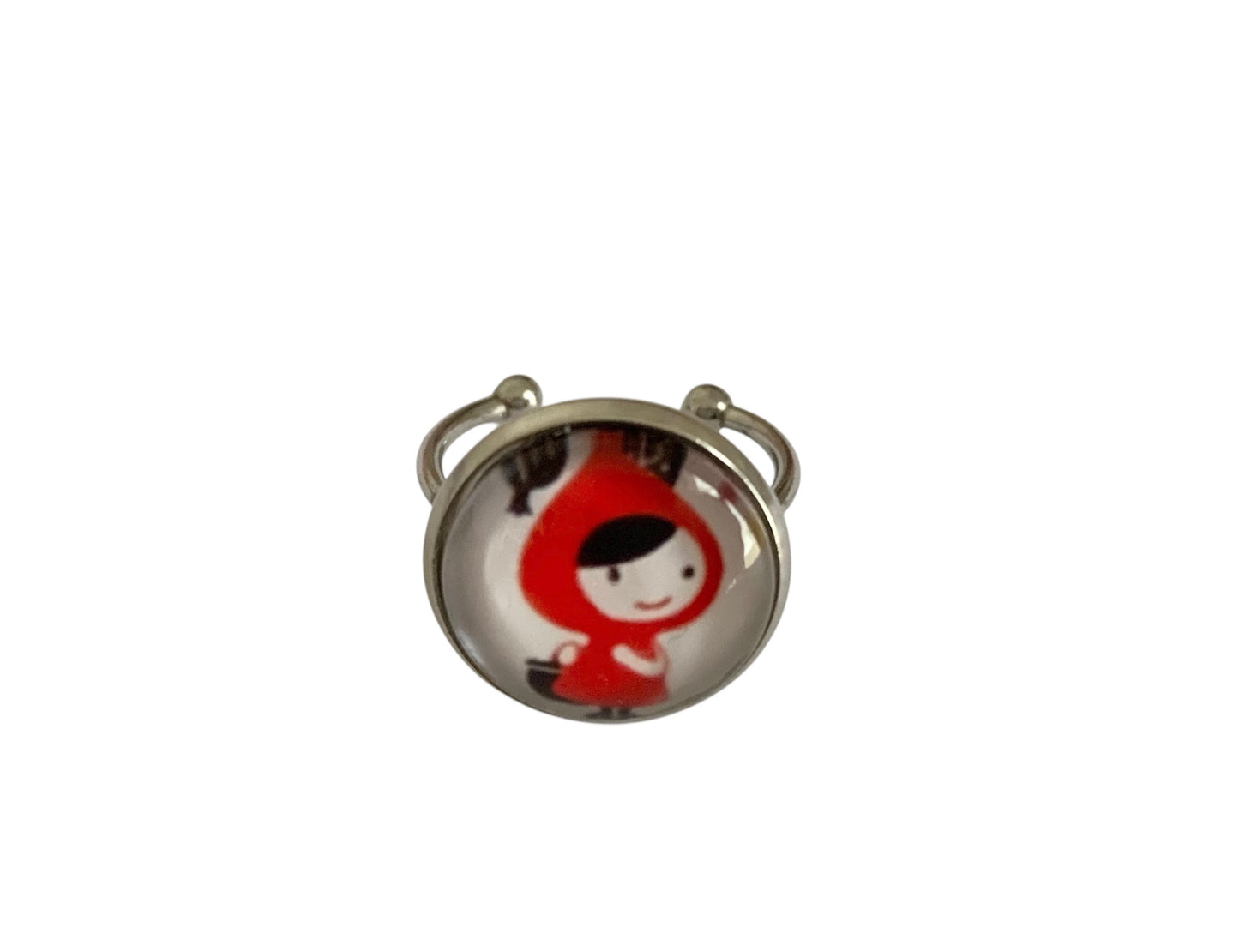 Bague cabochon fantaisie, petit chaperon rouge, argentée, ajustable, cabochon verre