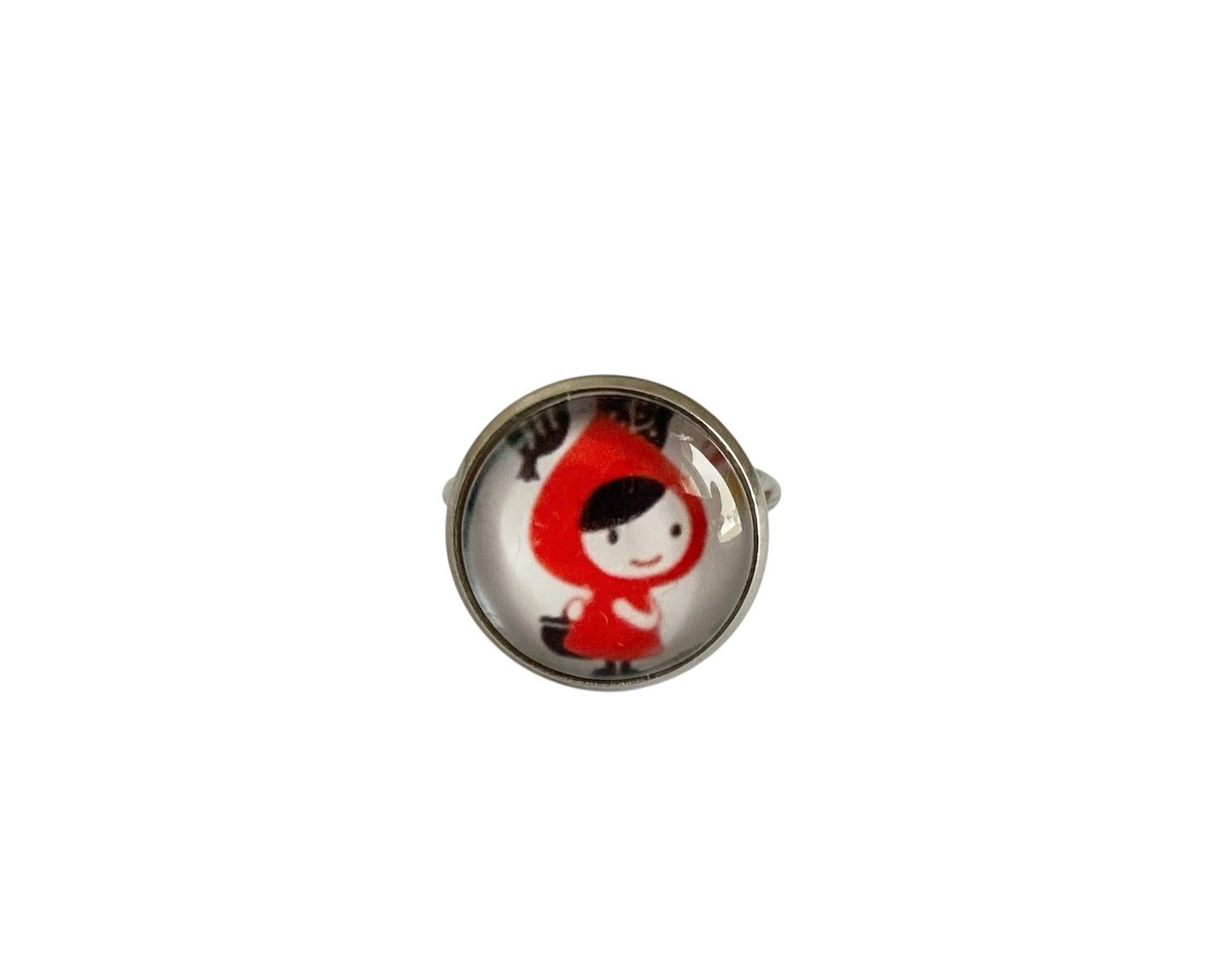 Bague cabochon fantaisie, petit chaperon rouge, argentée, ajustable, cabochon verre