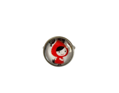 Bague cabochon fantaisie, petit chaperon rouge, argentée, ajustable, cabochon verre