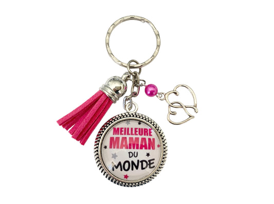 Porte clé ou bijou de sac,  meilleure maman du monde, cabochon en verre