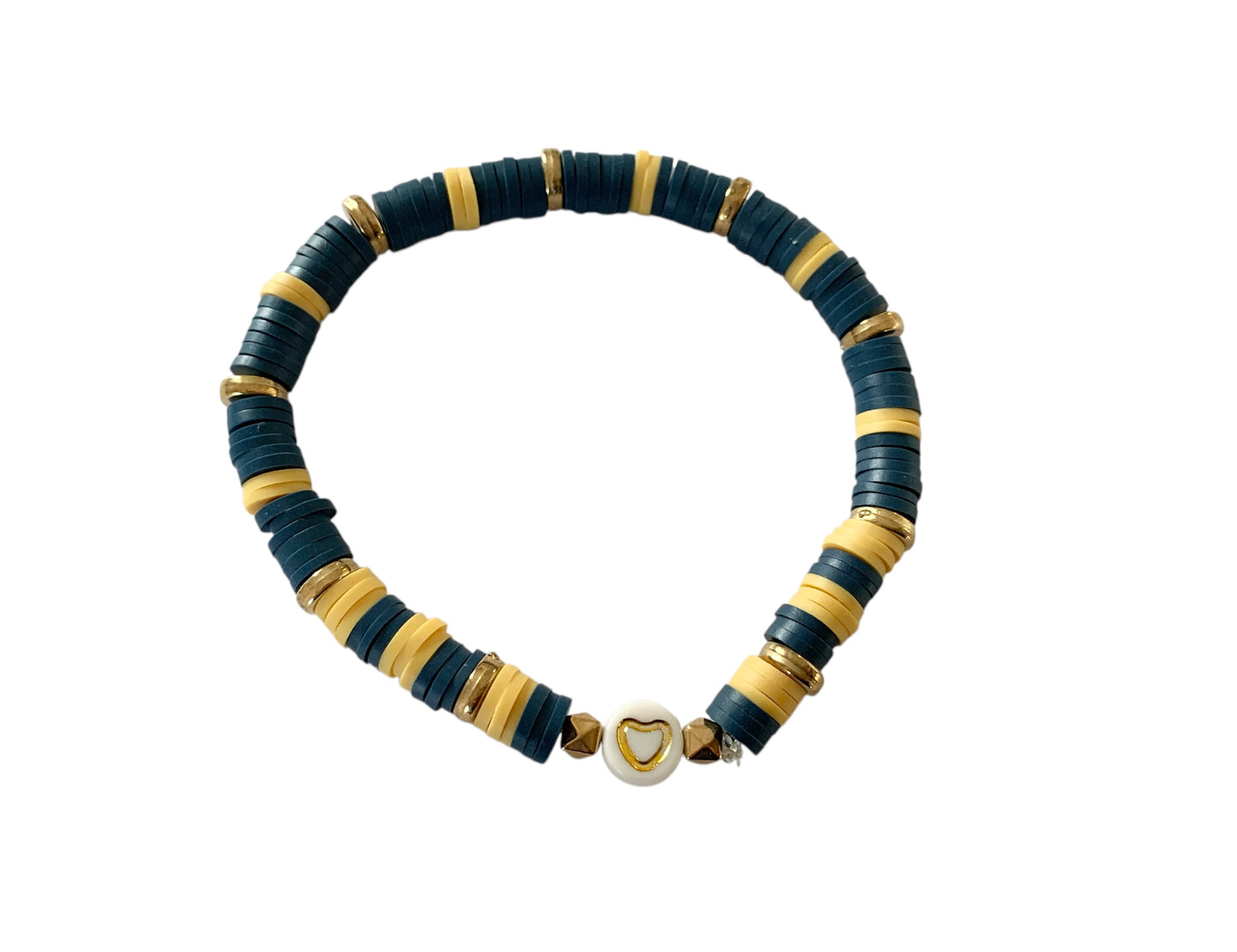 Bracelet, perles bleu et jaune moutarde, coeur, perles heishi
