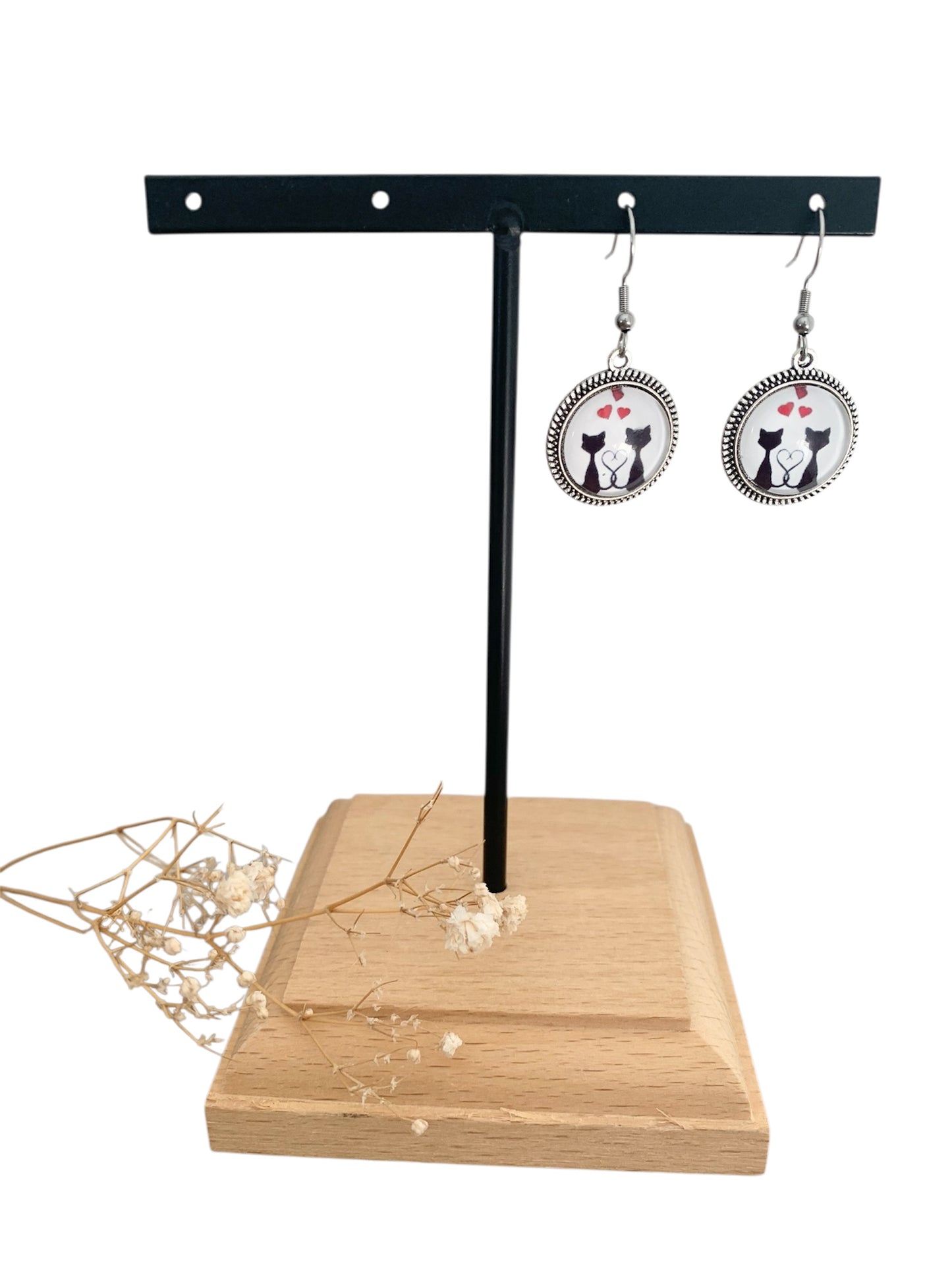 Boucles d’oreilles cabochon pendantes, argentées, chats cœurs, vintage, cabochon verre