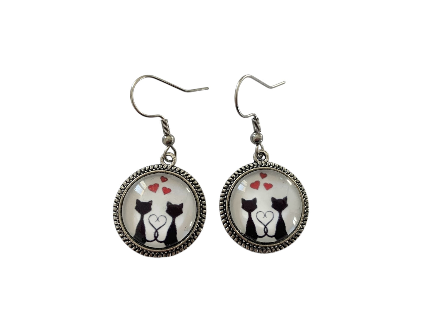 Boucles d’oreilles cabochon pendantes, argentées, chats cœurs, vintage, cabochon verre