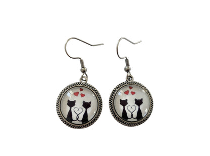 Boucles d’oreilles cabochon pendantes, argentées, chats cœurs, vintage, cabochon verre
