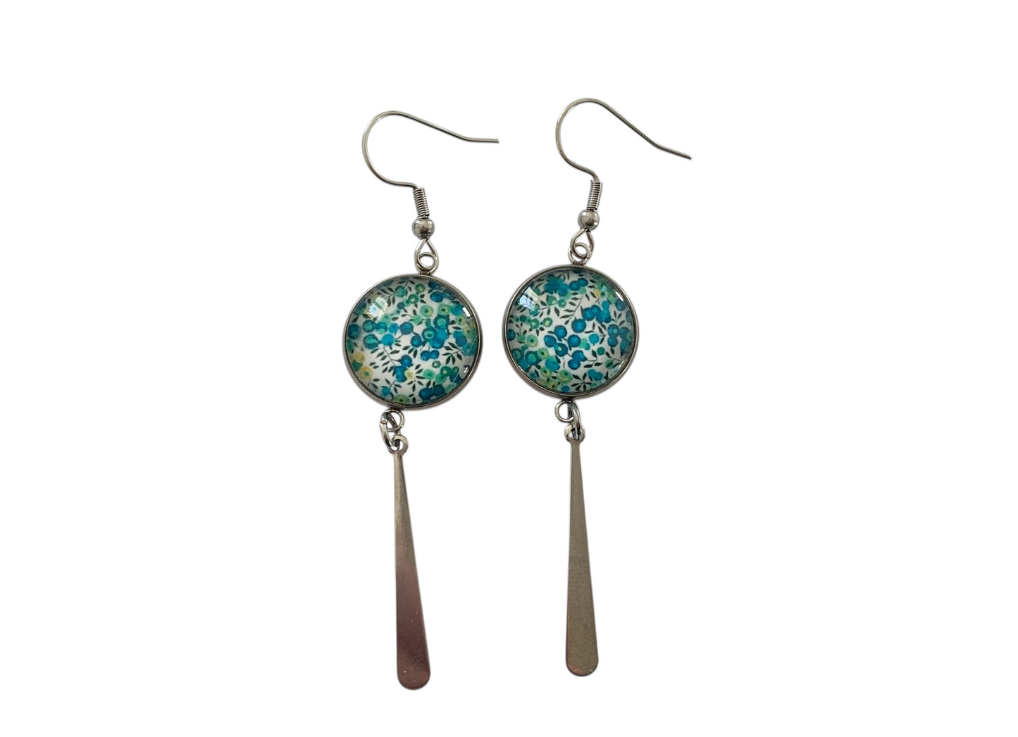 Boucles d'oreilles cabochon, pendantes, argentées, rondes, petites fleurs