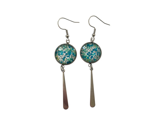 Boucles d'oreilles cabochon, pendantes, argentées, rondes, petites fleurs