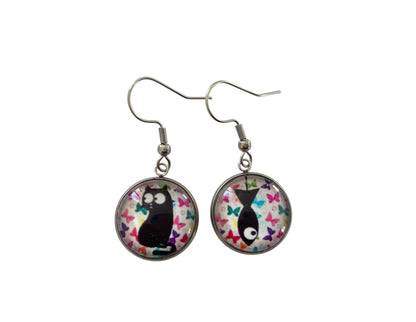 Boucles d'oreilles cabochons, argentées, rondes, asymétriques, chat et poisson, et papillons multicolores