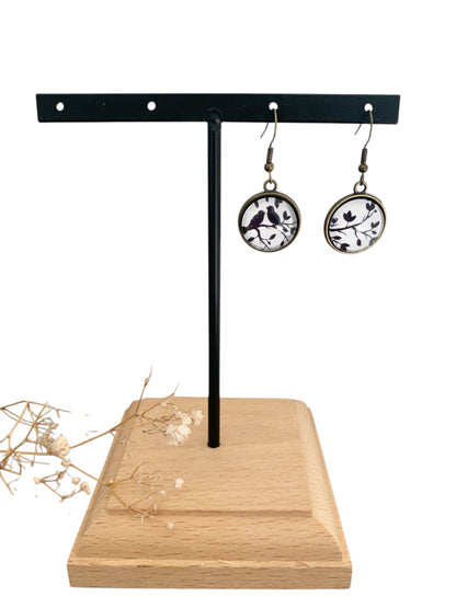 Boucles d’oreilles cabochons pendantes, bronze, asymétriques, arbre et oiseaux