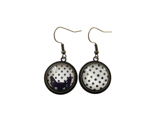 Boucles d’oreilles cabochons pendantes, bronze, chats et pois, vintage, asymétriques