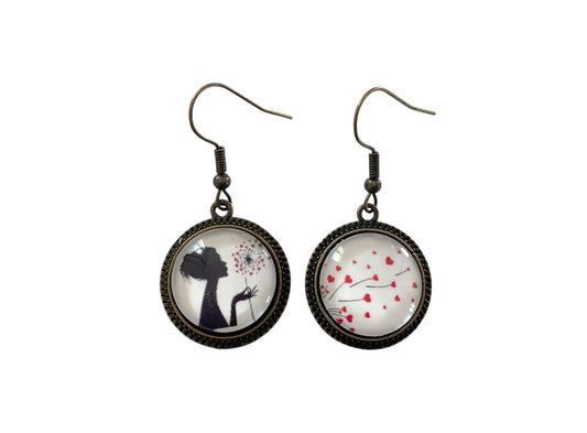 Boucles d’oreilles cabochons, bronze, femme et pissenlit coeurs, vintage, asymétriques
