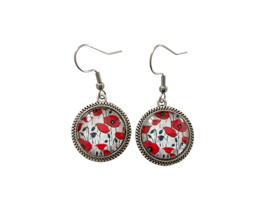 Boucles d'oreilles rondes, végétal, coquelicots rouges, cabochon verre