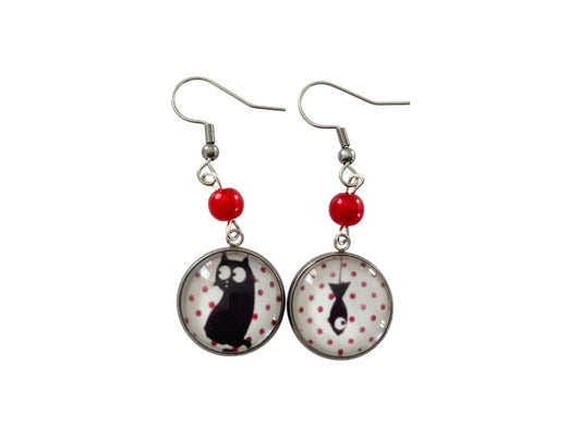 Boucles d'oreilles pendantes cabochon, rondes, chats et poisson, cabochon en verre