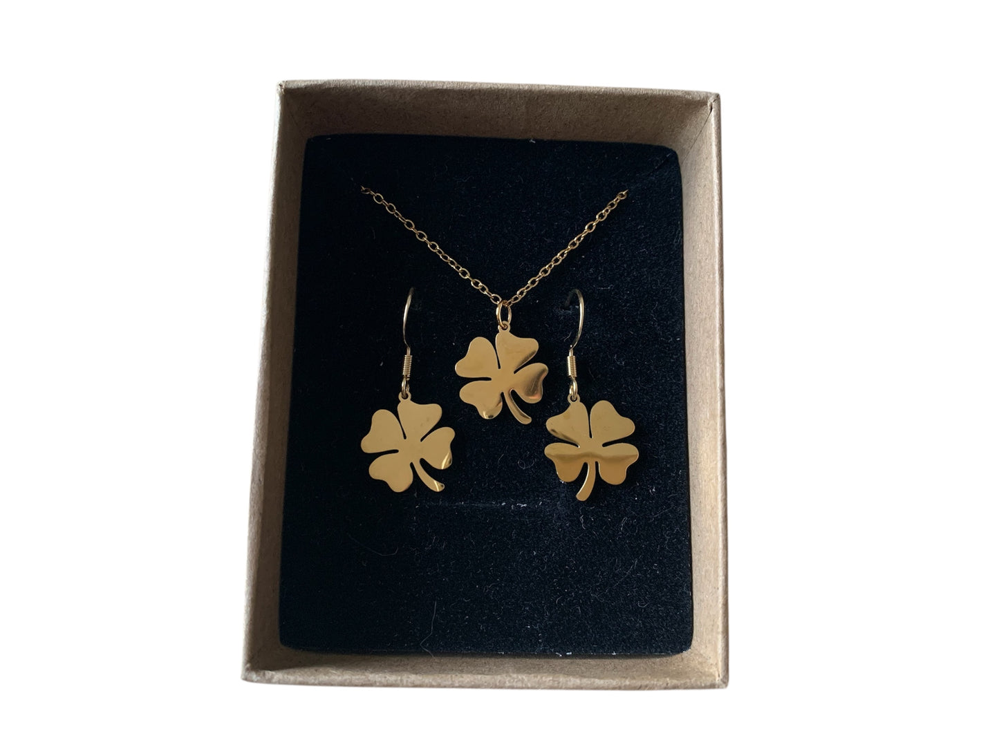 Coffret collier et boucles assorties, doré, acier inoxydable, trèfles à quatre feuilles