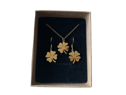 Coffret collier et boucles assorties, doré, acier inoxydable, trèfles à quatre feuilles