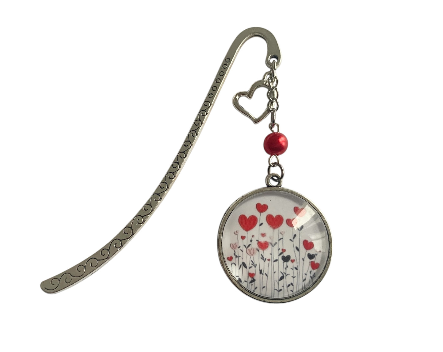 Marque page cabochon en verre, jardin de coeurs