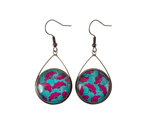 Boucles d'oreilles cabochon pendantes, gouttes, bronze, fleurs wax