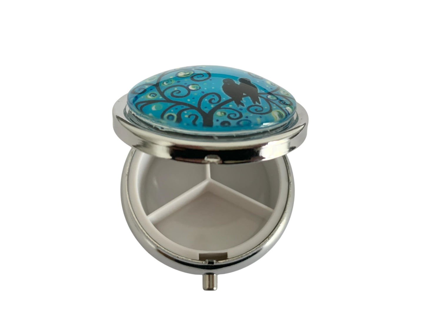Pilulier de poche, voyage, pour sac à  main, arbres et oiseaux, boîte à pilules, médicaments, cabochon en verre