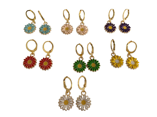 Boucles fleurs émaillées, attaches acier inoxydable, dorées