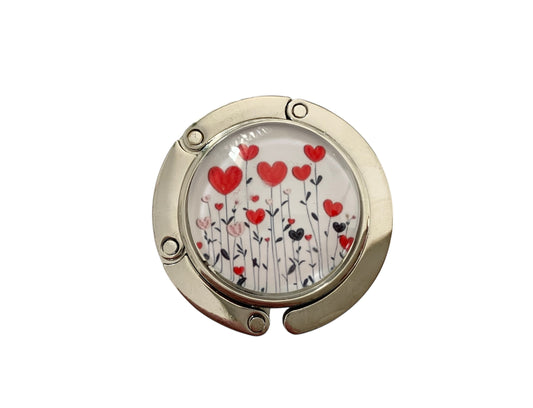 Accroche sac, décoré avec cabochon en verre, jardin de coeurs