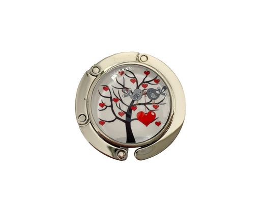 Accroche sac, décoré avec cabochon en verre, arbre et oiseaux