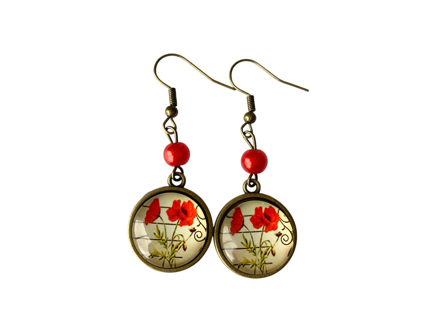Boucles d'oreilles rondes, végétal, coquelicots rouges, cabochon verre