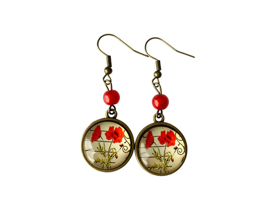Boucles d'oreilles rondes, végétal, coquelicots rouges, cabochon verre