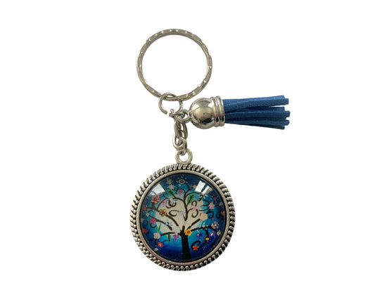 porte clé, Bijou de sac, arbre de vie et pompon bleu, cabochon en verre