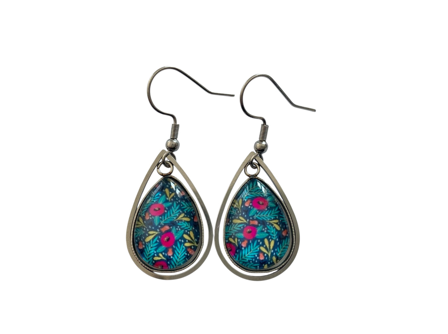 Boucles d'oreilles pendantes gouttes, argentées, fleurs,végétal, cabochon verre