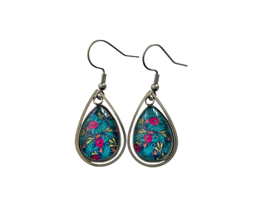Boucles d'oreilles pendantes gouttes, argentées, fleurs,végétal, cabochon verre