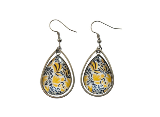 Boucles d'oreilles pendantes gouttes, argentées, fleurs, esprit végétal, feuilles,  cabochon verre