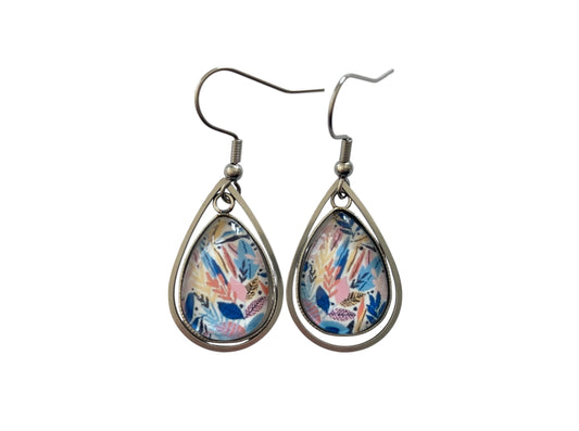 Boucles d'oreilles pendantes gouttes, argentées, végétal, cabochon verre
