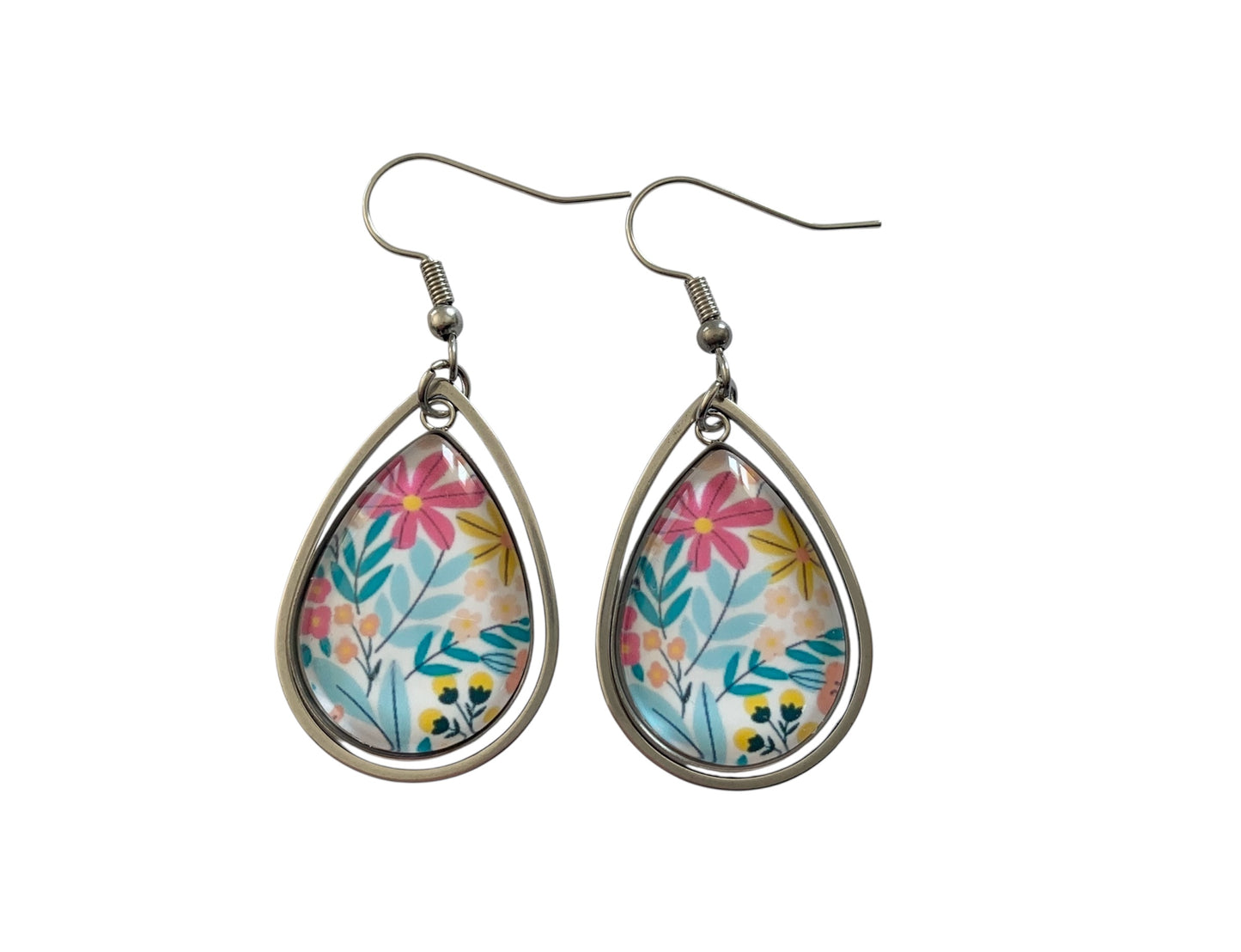 Boucles d'oreilles pendantes gouttes, argentées, fleurs, champêtre, cabochon verre