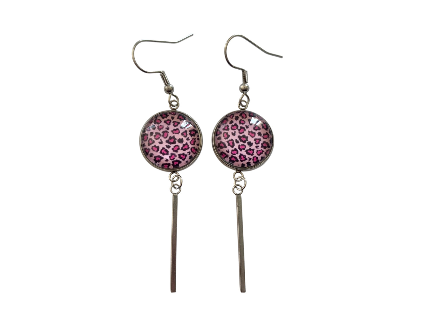 Boucles d'oreilles cabochon, pendantes, argentées, rondes, léopard rose