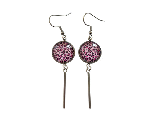 Boucles d'oreilles cabochon, pendantes, argentées, rondes, léopard rose