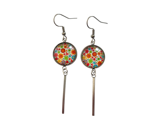 Boucles d'oreilles cabochon, pendantes, argentées, rondes, petites fleurs