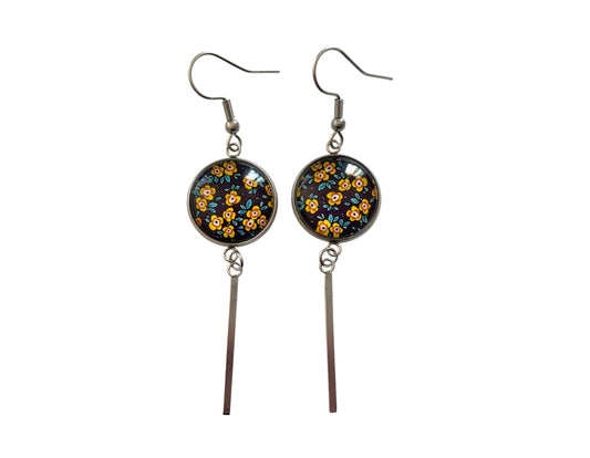 Boucles d'oreilles cabochon, pendantes, argentées, rondes, petites fleurs