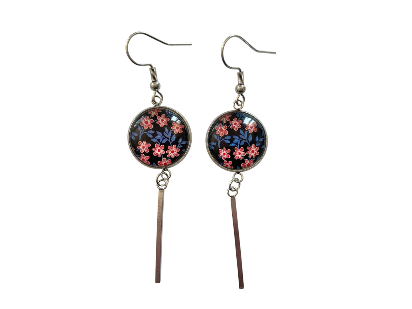 Boucles d'oreilles cabochon, pendantes, argentées, rondes, petites fleurs