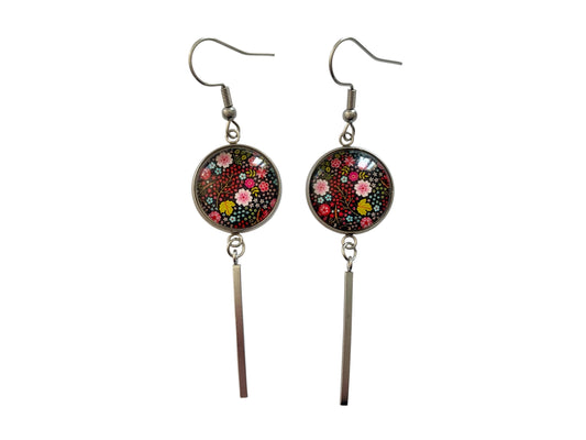 Boucles d'oreilles cabochon, pendantes, argentées, rondes, petites fleurs